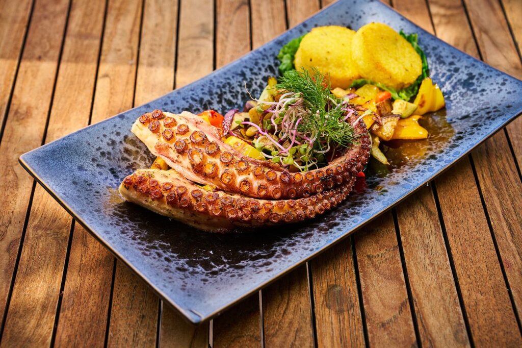 grilovaná chobotnice s restovanou zeleninou a polentou